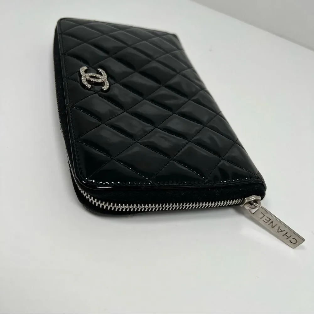 Chanel Quilted Black Patent Leather Zip Around Wallet